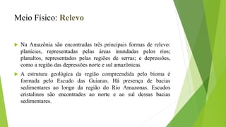 Meio Físico: Relevo
 Na Amazônia são encontradas três principais formas de relevo:
planícies, representadas pelas áreas inundadas pelos rios;
planaltos, representados pelas regiões de serras; e depressões,
como a região das depressões norte e sul amazônicas.
 A estrutura geológica da região compreendida pelo bioma é
formada pelo Escudo das Guianas. Há presença de bacias
sedimentares ao longo da região do Rio Amazonas. Escudos
cristalinos são encontrados ao norte e ao sul dessas bacias
sedimentares.
 