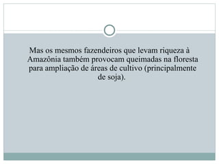 Mas os mesmos fazendeiros que levam riqueza à
Amazônia também provocam queimadas na floresta
para ampliação de áreas de cultivo (principalmente
de soja).
 