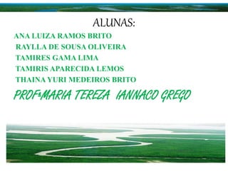 ALUNAS:
ANA LUIZA RAMOS BRITO
RAYLLA DE SOUSA OLIVEIRA
TAMIRES GAMA LIMA
TAMIRIS APARECIDA LEMOS
THAINA YURI MEDEIROS BRITO
PROFªMARIA TEREZA IANNACO GREGO
 