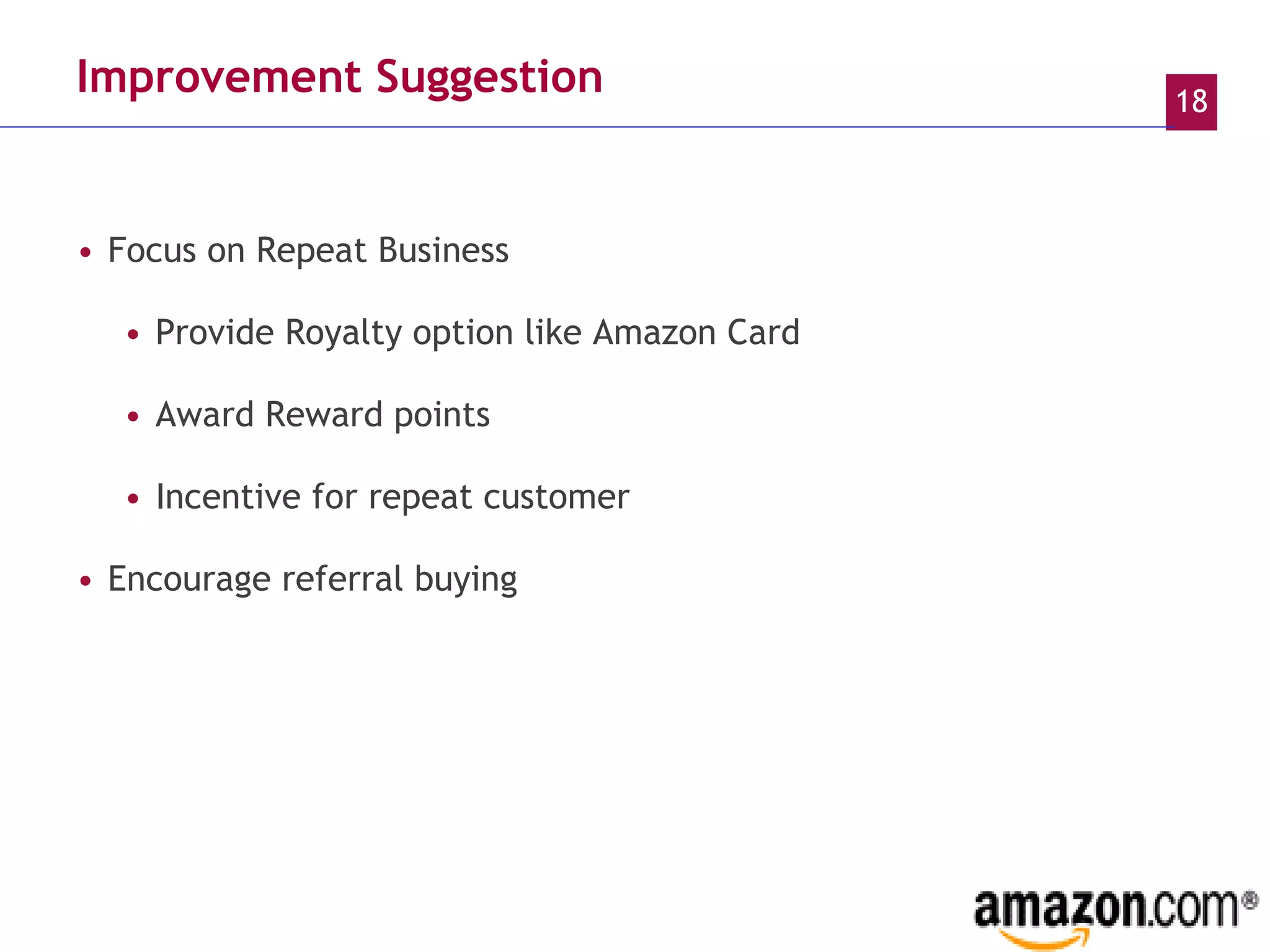 Improvement Suggestion Focus on Repeat Business  Provide Royalty option like Amazon Card Award Reward points Incentive for repeat customer Encourage referral buying 