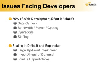 Issues Facing Developers 70% of Web Development Effort is “Muck”: Data Centers Bandwidth / Power / Cooling Operations Staffing Scaling is Difficult and Expensive: Large Up-Front Investment Invest Ahead of Demand Load is Unpredictable 