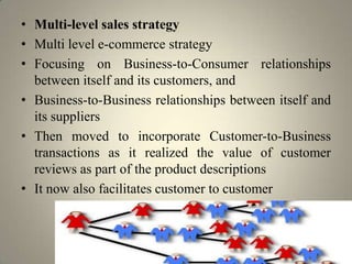 • Multi-level sales strategy
• Multi level e-commerce strategy
• Focusing on Business-to-Consumer relationships
  between itself and its customers, and
• Business-to-Business relationships between itself and
  its suppliers
• Then moved to incorporate Customer-to-Business
  transactions as it realized the value of customer
  reviews as part of the product descriptions
• It now also facilitates customer to customer
 