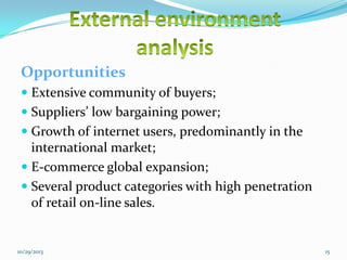 Opportunities
 Extensive community of buyers;
 Suppliers’ low bargaining power;
 Growth of internet users, predominantly in the

international market;
 E-commerce global expansion;
 Several product categories with high penetration
of retail on-line sales.

10/29/2013

15

 