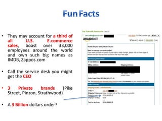 • They may account for a third of
all
U.S.
E-commerce
sales, boast over 33,000
employees around the world
and own such big names as
IMDB, Zappos.com

• Call the service desk you might
get the CEO
• 3
Private
brands
(Pike
Street, Pinzon, Strathwood)
• A 3 Billion dollars order?

 