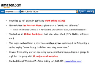 HISTORY & FACTS

•

Founded by Jeff Bezos in 1994 and went online in 1995

•

Named after the Amazon River: a place that is “exotic and different”
– it was almost called Cadabra as in Abracadabra, until someone asked, is the name cadaver?

•

Started as an Online Bookstore that later diversified (Cd’s, DVD’s, software,
etc.)

•

The logo: evolved from a river to a smiling arrow (pointing A to Z) forming a
smile, saying "we're happy to deliver anything, anywhere.”

•

It went from a tiny startup operating on second-hand computers in a garage to
a global company with 12 major retail websites.

•

Ranked Global Website #7 – Sites linking in 1,043,079 (www.alexa.com)

 