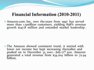 Financial Information (2010-2011) 
Amazon.com. Inc, over the years from 1997 has served 
more than 1.5million customers, yielding 838% revenue 
growth $147.8 million and extended market leadership . 
The Amazon showed consistent trend, it started with 
lower net income but kept increasing thereafter and 
peaked on in December 31, 2010 – July 17th 2011. Amazon 
generated a total revenue from $34.204 billion to 72.94 
billion. 
 