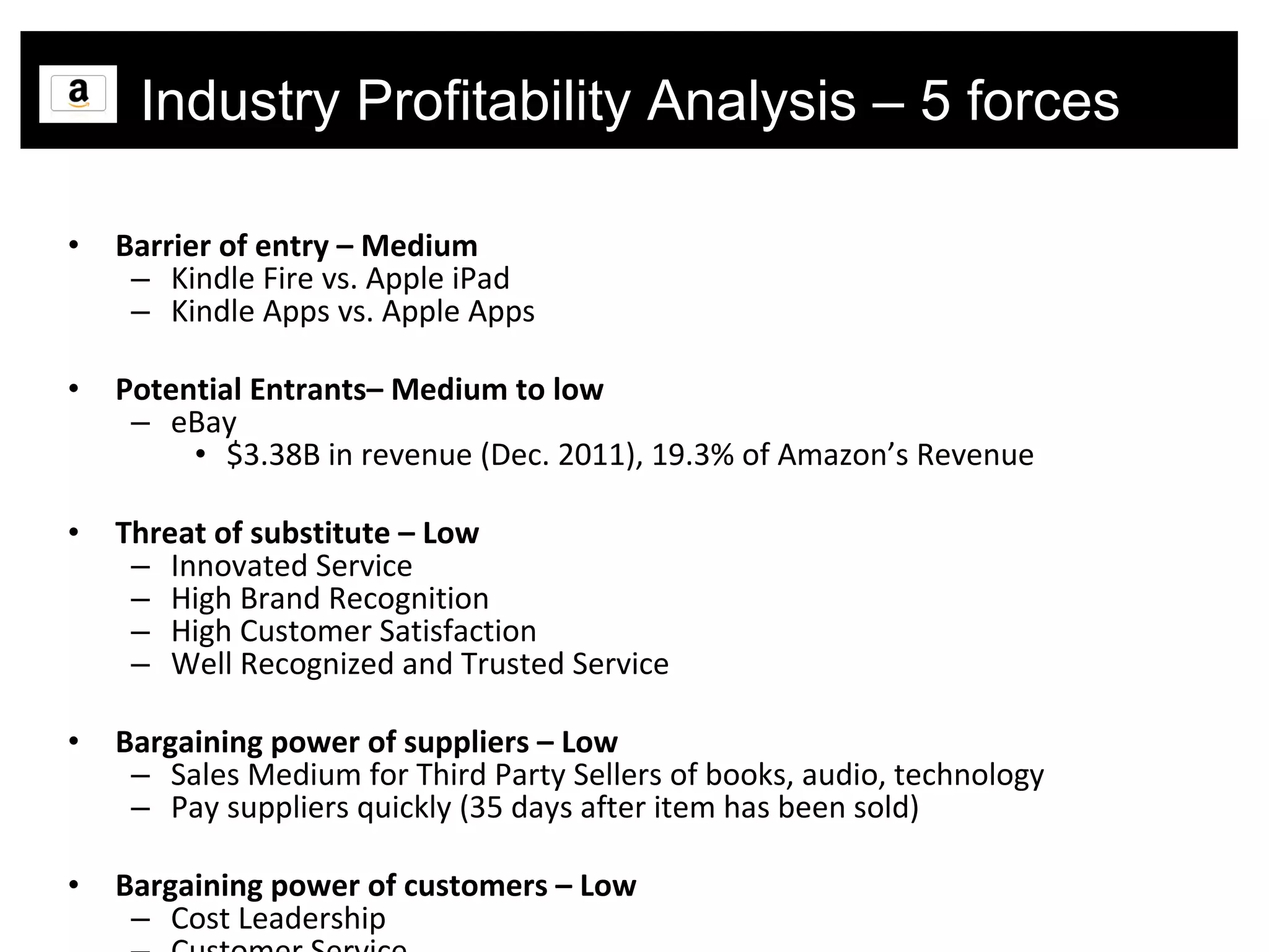 • Barrier of entry – Medium
– Kindle Fire vs. Apple iPad
– Kindle Apps vs. Apple Apps
• Potential Entrants– Medium to low
– eBay
• $3.38B in revenue (Dec. 2011), 19.3% of Amazon’s Revenue
• Threat of substitute – Low
– Innovated Service
– High Brand Recognition
– High Customer Satisfaction
– Well Recognized and Trusted Service
• Bargaining power of suppliers – Low
– Sales Medium for Third Party Sellers of books, audio, technology
– Pay suppliers quickly (35 days after item has been sold)
• Bargaining power of customers – Low
– Cost Leadership
Industry Profitability Analysis – 5 forces
 
