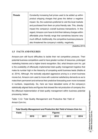 EffectualImplicationofTotalQualityManagement
WithinAmazon.ComInc.
15
Threats Constantly increasing fuel prices used to be added up within
product shipping charges that gives the deliver a negative
impact. So, the customers preferred to visit the local markets
and purchased from them on price friendly rate. This, directly
impact the company’s overall business transactions. In this
regard, Amazon.com have to limit their delivery charges within
affordable price friendly range that sometimes become very
much difficult. Additionally, the competitive business pressure
also threatened the company’s viability, negatively.
(Sabitha 2014)
1.5 FACTS AND FIGURES
Amazon.com still found difficulties to tackle their net competitive pressure. Their
potential business competitors used to have greater number of resources, prolonged
marketing histories and a higher brand recognition. But, what Amazon.com Inc. got
is the availability of effectually implemented total quality management logistics that
make its number high in the hierarchy of competing world business leads (Keblis et
al. 2014). Although, the tactically adjusted aggressive pricing is a smart business
moves but, Amazon.com used to move with customer satisfactory demands so as to
make them permanent and enhance their predictive forecasting even more increased
in numbers, respectively. So, here we have tabulated some of the company’s
statistically aligned facts and figures that showed the net production of company thru
the effectual implementation of total quality management within business potential
processing, below:
Table 1.3.2- Total Quality Management and Productive Net Yield of
Amazn.Com Inc.
Total Quality Management and Productive Net Yield of Amazn.Com Inc.
Facts Figures
2010 2011 2012 2013 2014
 