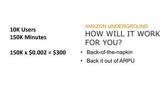 AMAZON UNDERGROUND
HOW WILL IT WORK
FOR YOU?
• Back-of-the-napkin
• Back it out of ARPU
10K Users
150K Minutes
150K x $0.002 = $300
 