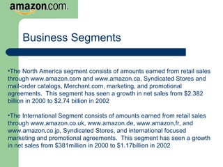 Business Segments
•The North America segment consists of amounts earned from retail sales
through www.amazon.com and www.amazon.ca, Syndicated Stores and
mail-order catalogs, Merchant.com, marketing, and promotional
agreements. This segment has seen a growth in net sales from $2.382
billion in 2000 to $2.74 billion in 2002
•The International Segment consists of amounts earned from retail sales
through www.amazon.co.uk, www.amazon.de, www.amazon.fr, and
www.amazon.co.jp, Syndicated Stores, and international focused
marketing and promotional agreements. This segment has seen a growth
in net sales from $381million in 2000 to $1.17billion in 2002
 