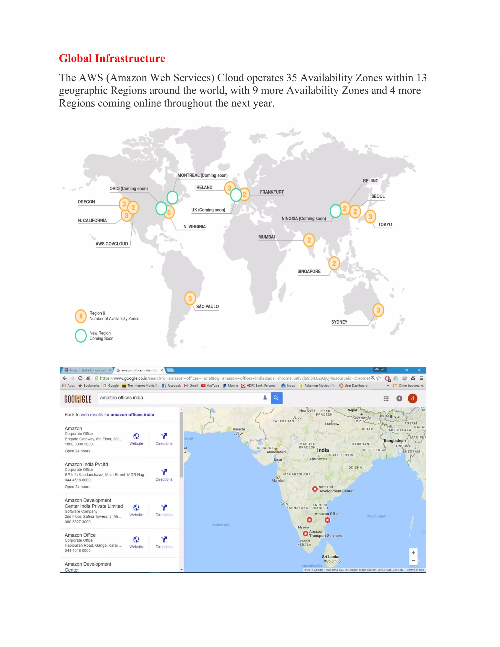 Global Infrastructure
The AWS (Amazon Web Services) Cloud operates 35 Availability Zones within 13
geographic Regions around the world, with 9 more Availability Zones and 4 more
Regions coming online throughout the next year.
 