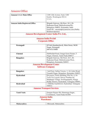 Amazon Office
Amazon U.S.A Main Office 1200 12th Avenue, Suite 1200
Seattle, Washington 98114
U.S.A.
Amazon India Registered Office Brigade Gateway, 8th floor, 26/1, Dr.
Rajkumar Road, Malleshwaram(W),
Bangalore-560055, Karnataka, India
Email ID – amznindpr@amazon.com (Public
Relation Queries)
Amazon Development Center India Pvt. Ltd.,
Amazon India Pvt.ltd
Corporate Office
Perungudi SP Info Kandanchavdi, Main Street, MGR
Nagar, Perungudi
044 4518 0000
Chennai Habibullah Road, Gangai Karai Puram, T
Nagar, Chennai, Tamil Nadu 600017
Bangalore Brigade Gateway, 8th Floor, 26/1, Dr.
Rajkumar Road, Malleshwaram West,
Bengaluru, Karnataka 560055
Amazon Development Center
Software Company
Bangalore 2nd Floor, Safina Towers, 3, Ali Asker Road,
Vasanth Nagar, Bengaluru, Karnataka 560052
Hyderabad Divyasree Trinity Building, Plot No. 6, Hi-
Tech City Layout, Survey Number 64,
Madhapur Village, Serilingampally, Ranga
Reddy District, Hyderabad, Telangana 500081
Hyderabad 1 ISB Rd, Gachibowli, Hyderabad, Telangana
500032
Amazon Transport Services
Tamil Nadu Sungam Bypass Rd, Shanmuga Nagar,
Coimbatore, Tamil Nadu 641005
Amazon India
Warehouse
Maharashtra Bhiwandi, Maharashtra
 