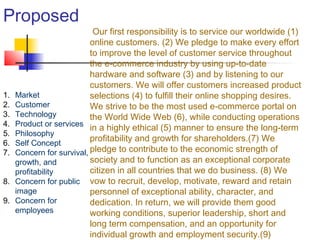 Proposed
Our first responsibility is to service our worldwide (1)
online customers. (2) We pledge to make every effort
to improve the level of customer service throughout
the e-commerce industry by using up-to-date
hardware and software (3) and by listening to our
customers. We will offer customers increased product
selections (4) to fulfill their online shopping desires.
We strive to be the most used e-commerce portal on
the World Wide Web (6), while conducting operations
in a highly ethical (5) manner to ensure the long-term
profitability and growth for shareholders.(7) We
pledge to contribute to the economic strength of
society and to function as an exceptional corporate
citizen in all countries that we do business. (8) We
vow to recruit, develop, motivate, reward and retain
personnel of exceptional ability, character, and
dedication. In return, we will provide them good
working conditions, superior leadership, short and
long term compensation, and an opportunity for
individual growth and employment security.(9)
1. Market
2. Customer
3. Technology
4. Product or services
5. Philosophy
6. Self Concept
7. Concern for survival,
growth, and
profitability
8. Concern for public
image
9. Concern for
employees
 