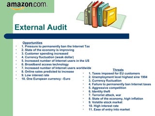 External Audit
Threats
• 1. Taxes imposed for EU customers
• 2. Unemployment level highest sine 1994
• 3. Currency fluctuation
• 4. Failure to permanently ban Internet taxes
• 5. Aggressive competition
• 6. Identity theft
• 7. Terrorist attack, war
• 8. State of the economy, high inflation
• 9. Volatile stock market
• 10. High interest rate
• 11. Ease of entry into market
Opportunities
• 1. Pressure to permanently ban the Internet Tax
• 2. State of the economy is improving
• 3. Customer spending increased
• 4. Currency fluctuation (weak dollar)
• 5. Increased number of Internet users in the US
• 6. Broadband access technology
• 7. Increased number of Internet users worldwide
• 8. Online sales predicted to increase
• 9. Low interest rate
• 10. One European currency - Euro
 