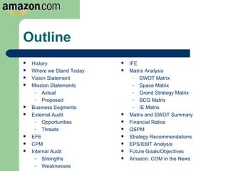 Outline
 History
 Where we Stand Today
 Vision Statement
 Mission Statements
– Actual
– Proposed
 Business Segments
 External Audit
– Opportunities
– Threats
 EFE
 CPM
 Internal Audit
– Strengths
– Weaknesses
 IFE
 Matrix Analysis
– SWOT Matrix
– Space Matrix
– Grand Strategy Matrix
– BCG Matrix
– IE Matrix
 Matrix and SWOT Summary
 Financial Ratios
 QSPM
 Strategy Recommendations
 EPS/EBIT Analysis
 Future Goals/Objectives
 Amazon. COM in the News
 