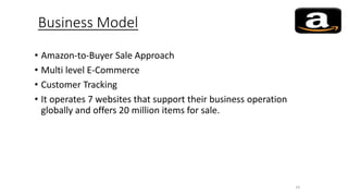 Business Model
• Amazon-to-Buyer Sale Approach
• Multi level E-Commerce
• Customer Tracking
• It operates 7 websites that support their business operation
globally and offers 20 million items for sale.
14
 