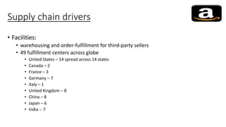 Supply chain drivers
• Facilities:
• warehousing and order-fulfillment for third-party sellers
• 49 fulfillment centers across globe
• United States – 14 spread across 14 states
• Canada – 2
• France – 3
• Germany – 7
• Italy – 1
• United Kingdom – 8
• China – 8
• Japan – 6
• India -- 7
 