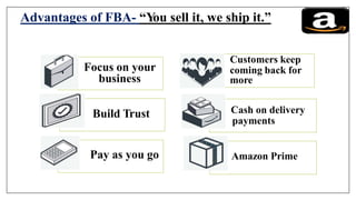 payments
Focus on your coming back for
Advantages of FBA- “You sell it, we ship it.”
Customers keep
business more
Build Trust Cash on delivery
Pay as you go Amazon Prime
 