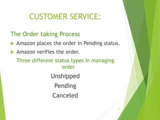 CUSTOMER SERVICE:
The Order taking Process
 Amazon places the order in Pending status.
 Amazon verifies the order.
Three different status types in managing
order
Unshipped
Pending
Canceled
12
 
