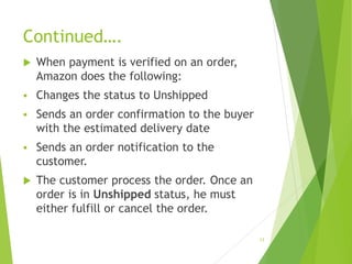 Continued….
 When payment is verified on an order,
Amazon does the following:
 Changes the status to Unshipped
 Sends an order confirmation to the buyer
with the estimated delivery date
 Sends an order notification to the
customer.
 The customer process the order. Once an
order is in Unshipped status, he must
either fulfill or cancel the order.
13
 