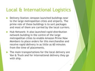 Local & International Logistics
20
 Delivery Station: Amazon launched buildings near
to the large metropolitan cities and airports. The
prime role of these buildings is to sort packages
and most of them are carried by the local curriers.
 Hub Network: It also launched rapid distribution
network building in the centre of the large
metropolitan cities to enable Amazon Prime Now
Members to place orders for this merchandise and
receive rapid delivery in as little as 60 minutes
from the time of placements.
 The main transportations for the local delivery are
Van & Truck and for international delivery they go
with ship.
 