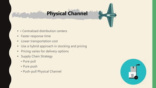 • • Centralized distribution centers
• Faster response time
• Lower transportation cost
• Use a hybrid approach in stocking and pricing
• Pricing varies for delivery options
• Supply Chain Strategy
• Pure pull
• Pure push
• Push-pull Physical Channel
Physical Channel
 