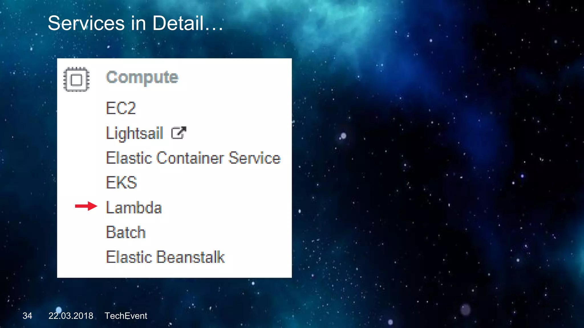Services in Detail…
TechEvent34 22.03.2018
 
