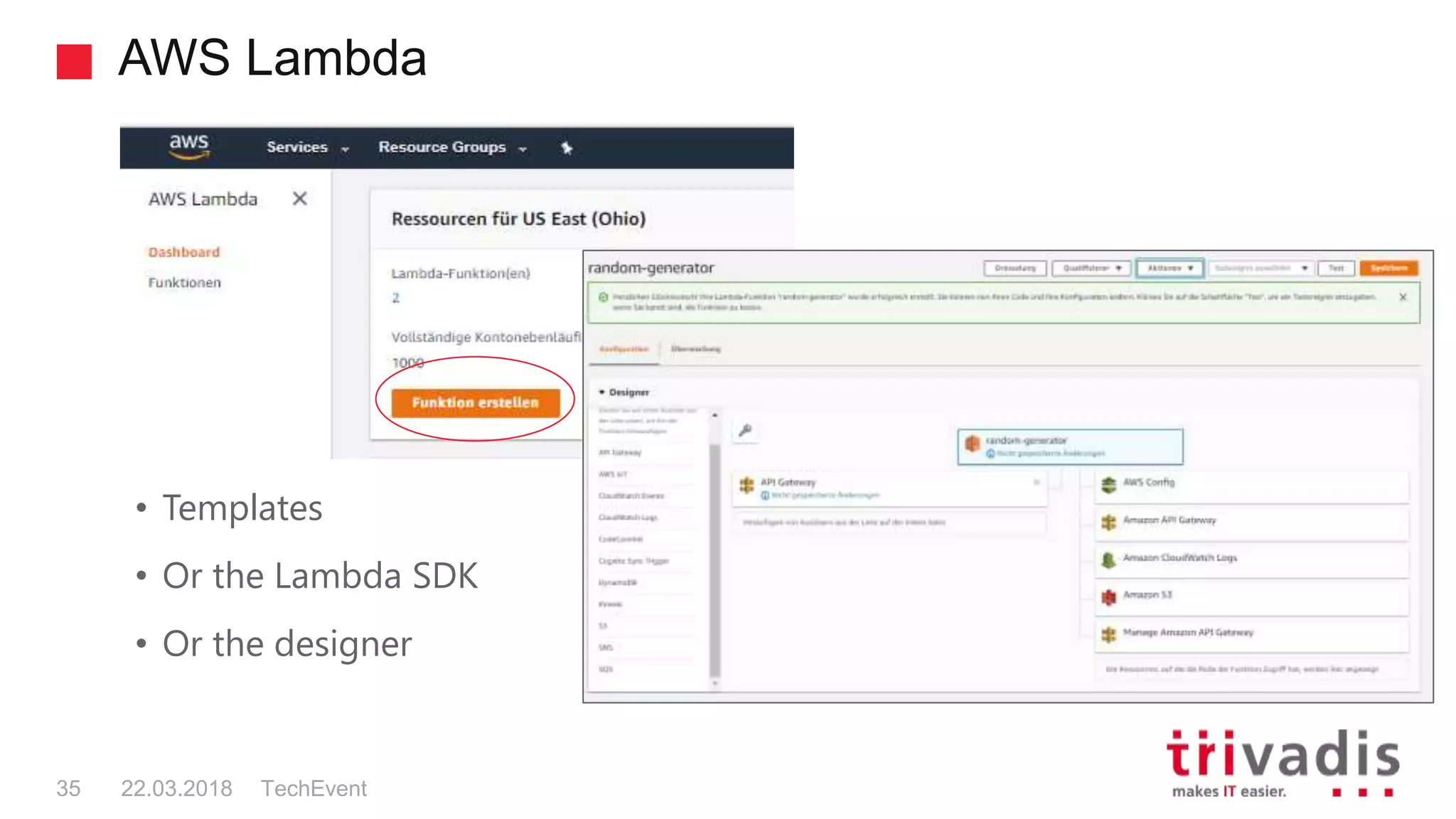 AWS Lambda
TechEvent35 22.03.2018
• Templates
• Or the Lambda SDK
• Or the designer
 