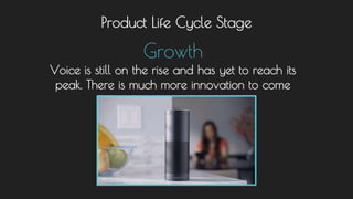 Product Life Cycle Stage
Growth
Voice is still on the rise and has yet to reach its
peak. There is much more innovation to come
 