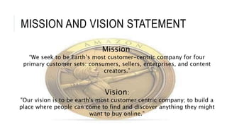 MISSION AND VISION STATEMENT
Mission:
“We seek to be Earth’s most customer-centric company for four
primary customer sets: consumers, sellers, enterprises, and content
creators.”
Vision:
"Our vision is to be earth's most customer centric company; to build a
place where people can come to find and discover anything they might
want to buy online."
 