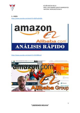 ACUÑA ROCHA NELVI
MGR. JOSE RAMIRO ZAPATA BARRIENTOS
MATERIA: MERCADOTECNIA V
5
“LIBEREMOS BOLIVIA”
5.- VIDEO:
https://www.youtube.com/watch?v=QtEPuyOn6Rs
https://www.youtube.com/watch?v=lViSCBMtcz0
 