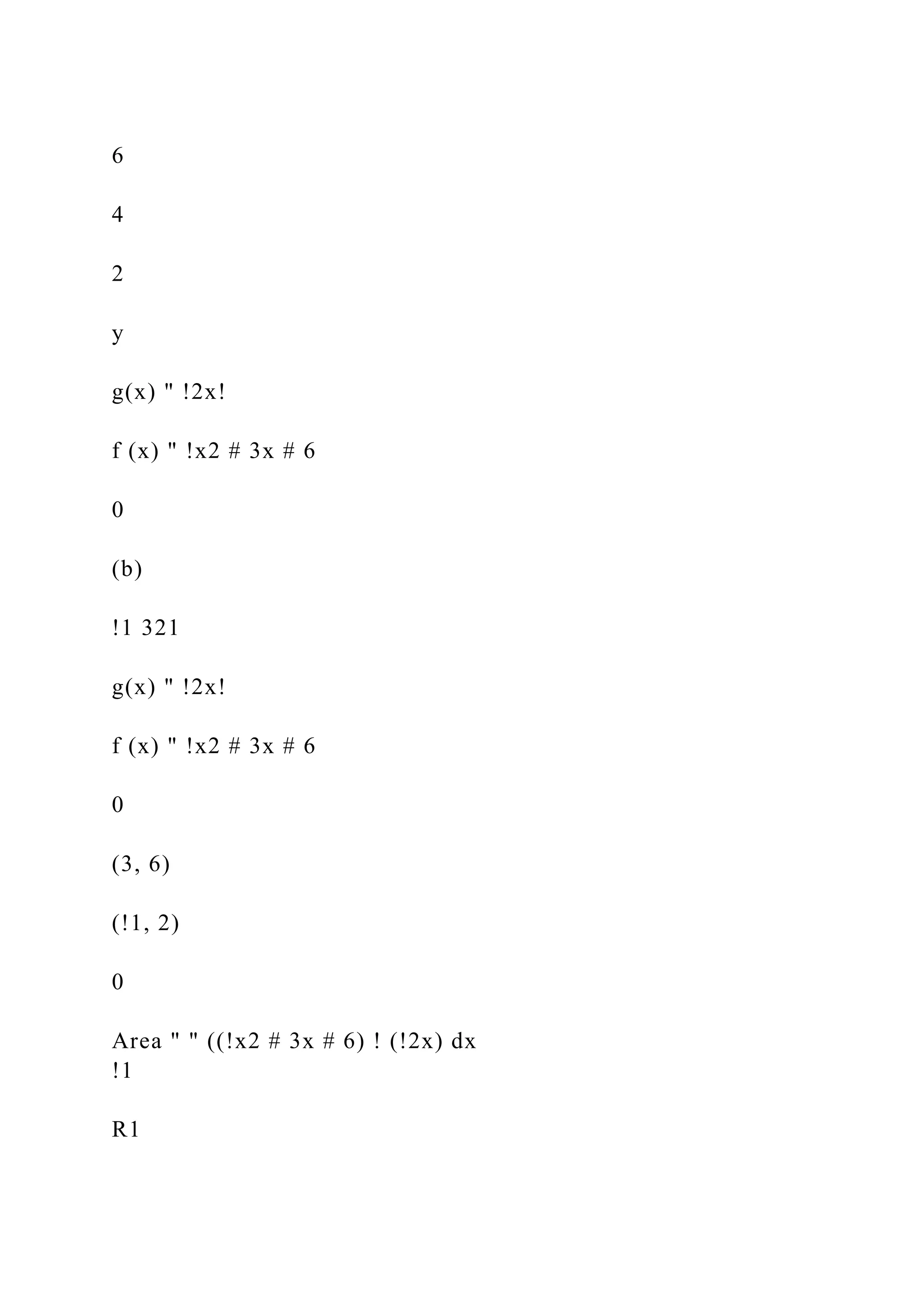 6
4
2
y
g(x) " !2x!
f (x) " !x2 # 3x # 6
0
(b)
!1 321
g(x) " !2x!
f (x) " !x2 # 3x # 6
0
(3, 6)
(!1, 2)
0
Area " " ((!x2 # 3x # 6) ! (!2x) dx
!1
R1
 