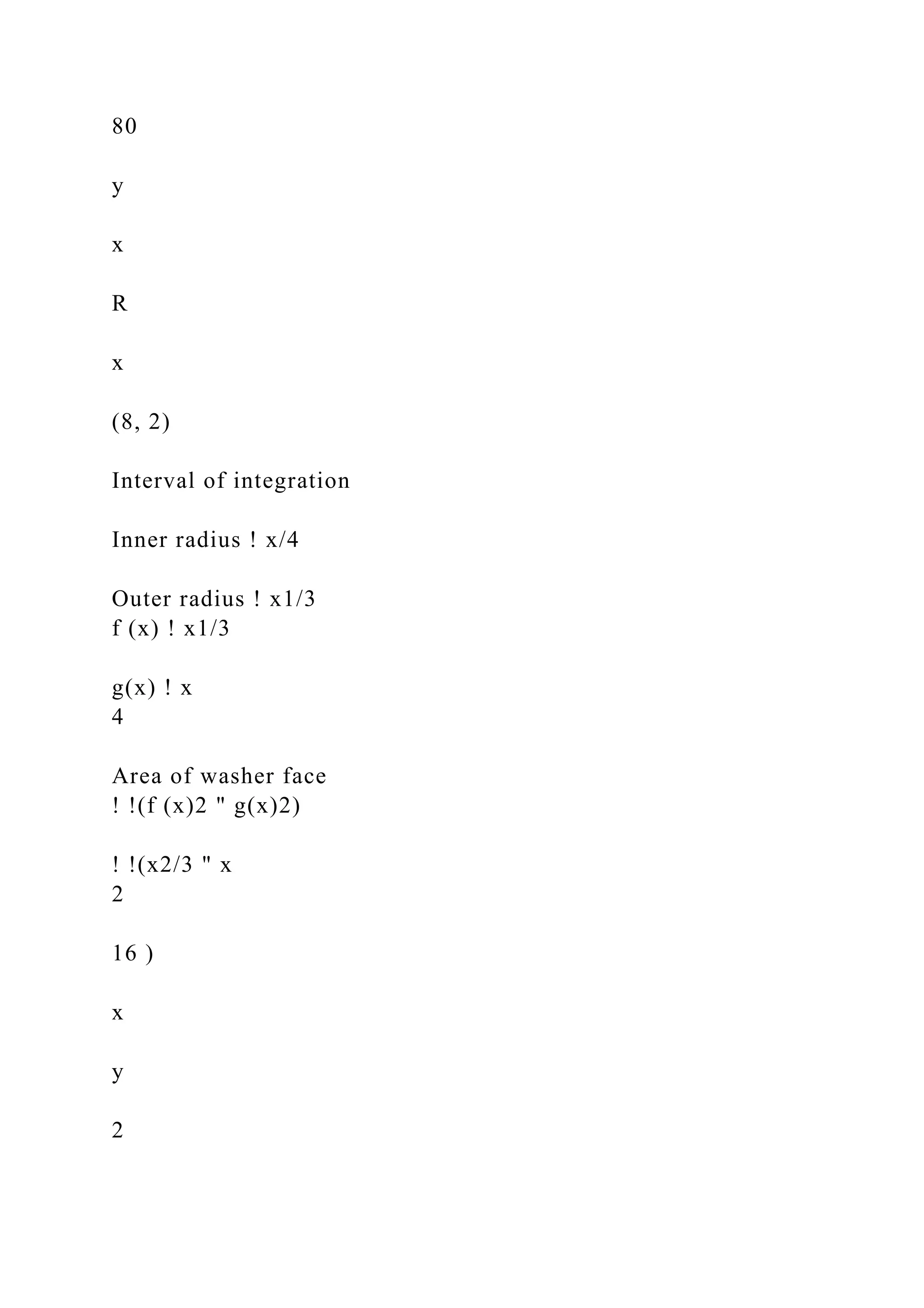80
y
x
R
x
(8, 2)
Interval of integration
Inner radius ! x/4
Outer radius ! x1/3
f (x) ! x1/3
g(x) ! x
4
Area of washer face
! !(f (x)2 " g(x)2)
! !(x2/3 " x
2
16 )
x
y
2
 