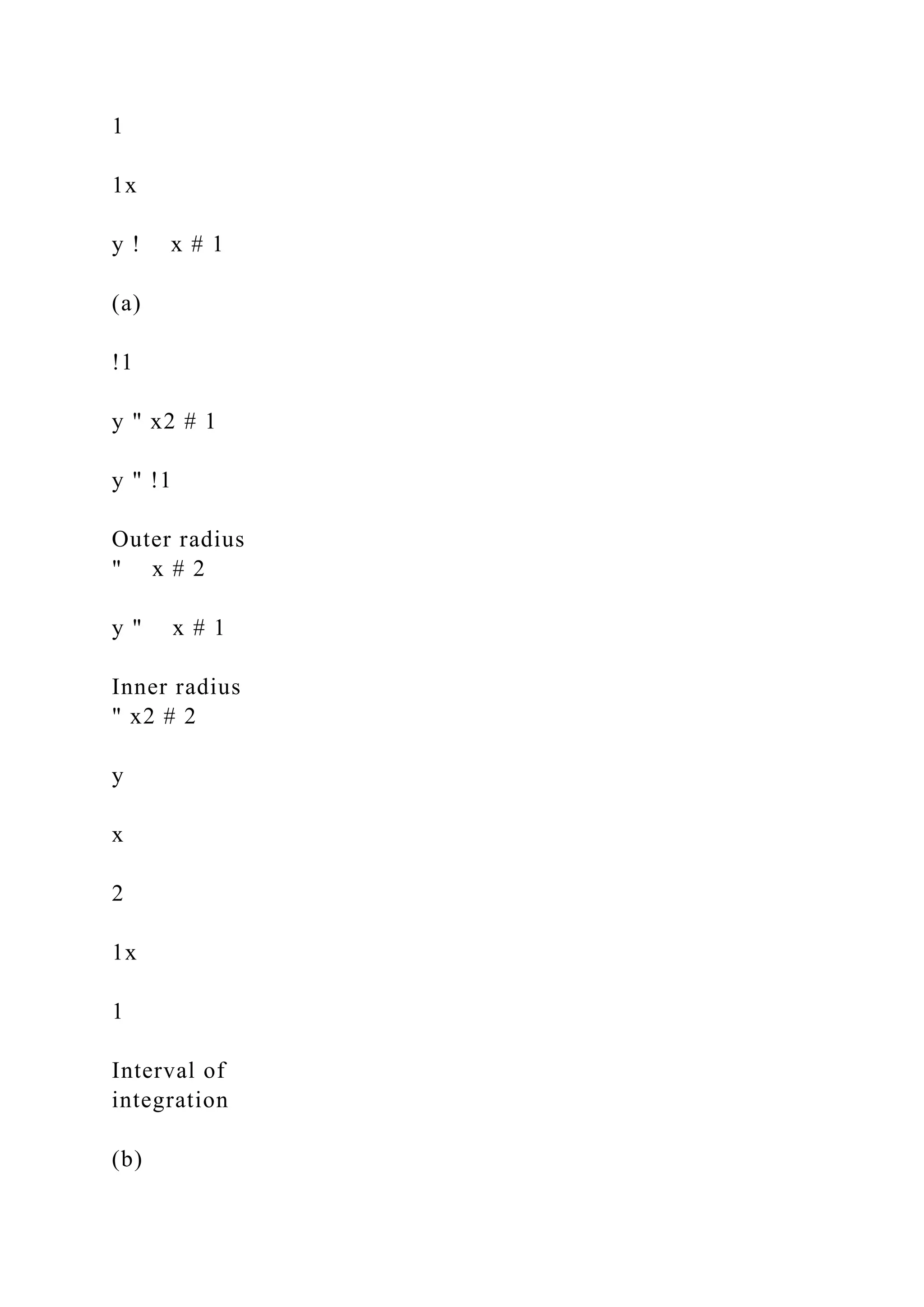 1
1x
y ! x # 1
(a)
!1
y " x2 # 1
y " !1
Outer radius
" x # 2
y " x # 1
Inner radius
" x2 # 2
y
x
2
1x
1
Interval of
integration
(b)
 