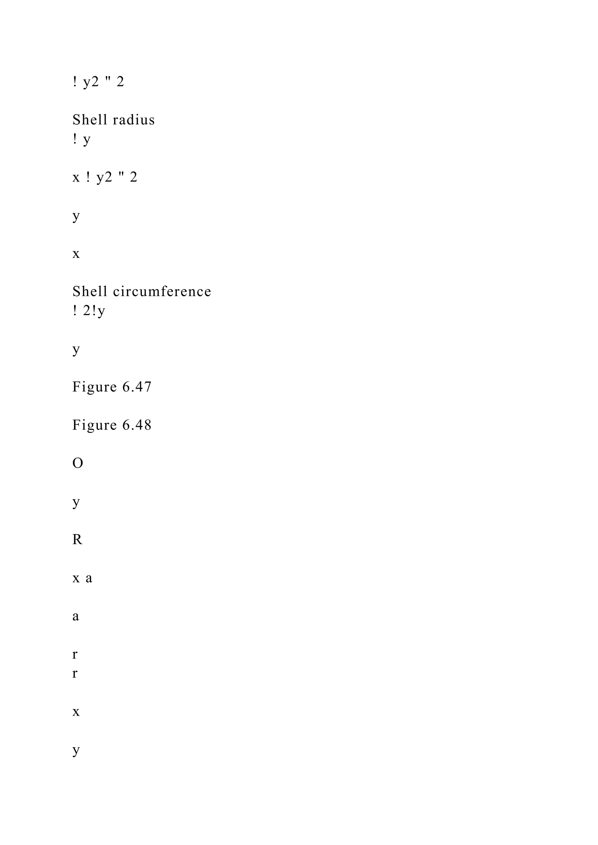 ! y2 " 2
Shell radius
! y
x ! y2 " 2
y
x
Shell circumference
! 2!y
y
Figure 6.47
Figure 6.48
O
y
R
x a
a
r
r
x
y
 