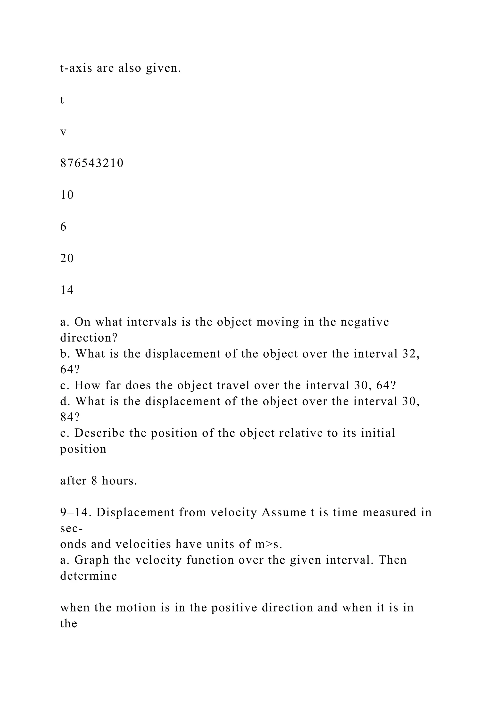 t-axis are also given.
t
v
876543210
10
6
20
14
a. On what intervals is the object moving in the negative
direction?
b. What is the displacement of the object over the interval 32,
64?
c. How far does the object travel over the interval 30, 64?
d. What is the displacement of the object over the interval 30,
84?
e. Describe the position of the object relative to its initial
position
after 8 hours.
9–14. Displacement from velocity Assume t is time measured in
sec-
onds and velocities have units of m>s.
a. Graph the velocity function over the given interval. Then
determine
when the motion is in the positive direction and when it is in
the
 