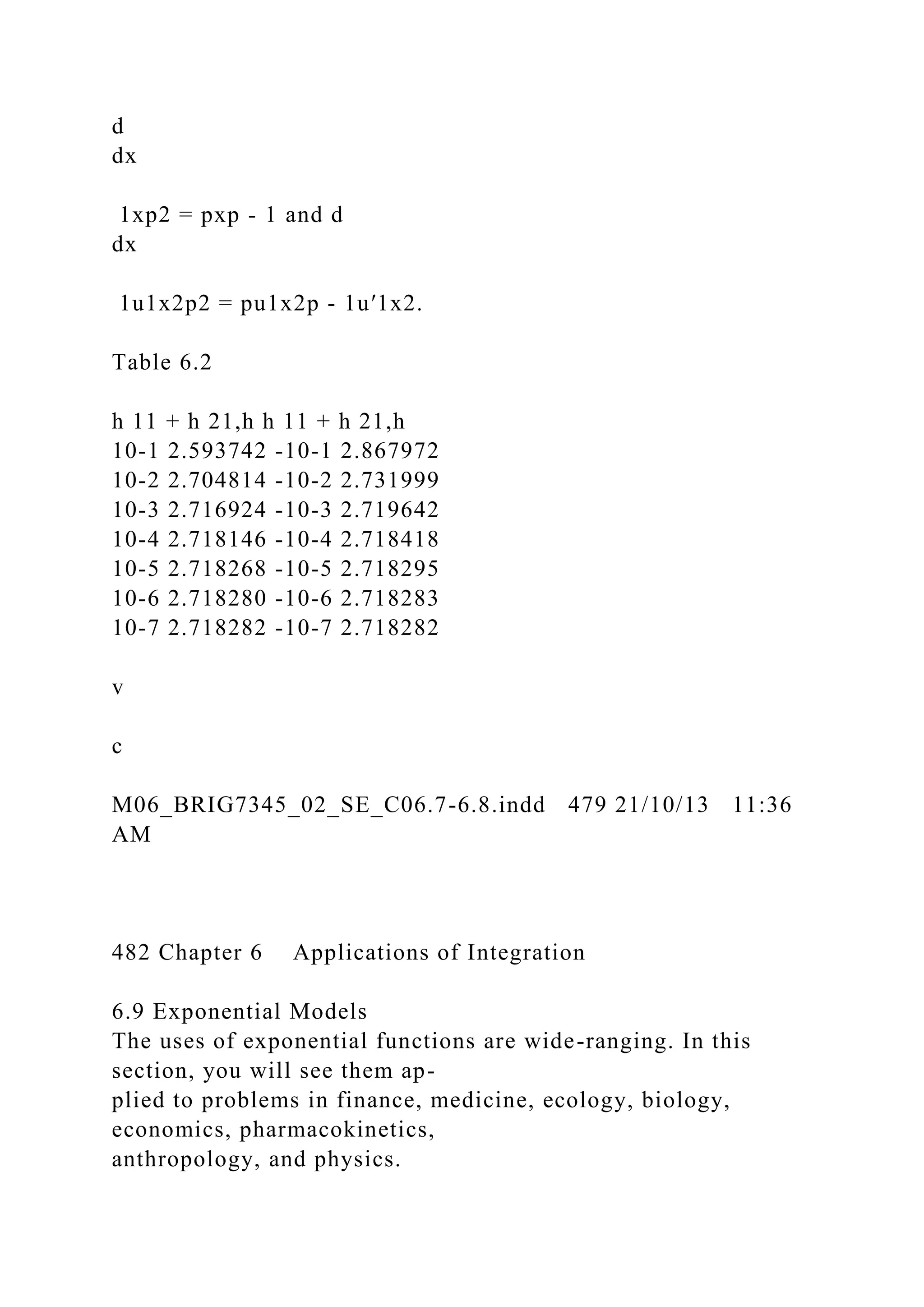 d
dx
1xp2 = pxp - 1 and d
dx
1u1x2p2 = pu1x2p - 1u′1x2.
Table 6.2
h 11 + h 21,h h 11 + h 21,h
10-1 2.593742 -10-1 2.867972
10-2 2.704814 -10-2 2.731999
10-3 2.716924 -10-3 2.719642
10-4 2.718146 -10-4 2.718418
10-5 2.718268 -10-5 2.718295
10-6 2.718280 -10-6 2.718283
10-7 2.718282 -10-7 2.718282
v
c
M06_BRIG7345_02_SE_C06.7-6.8.indd 479 21/10/13 11:36
AM
482 Chapter 6 Applications of Integration
6.9 Exponential Models
The uses of exponential functions are wide-ranging. In this
section, you will see them ap-
plied to problems in finance, medicine, ecology, biology,
economics, pharmacokinetics,
anthropology, and physics.
 