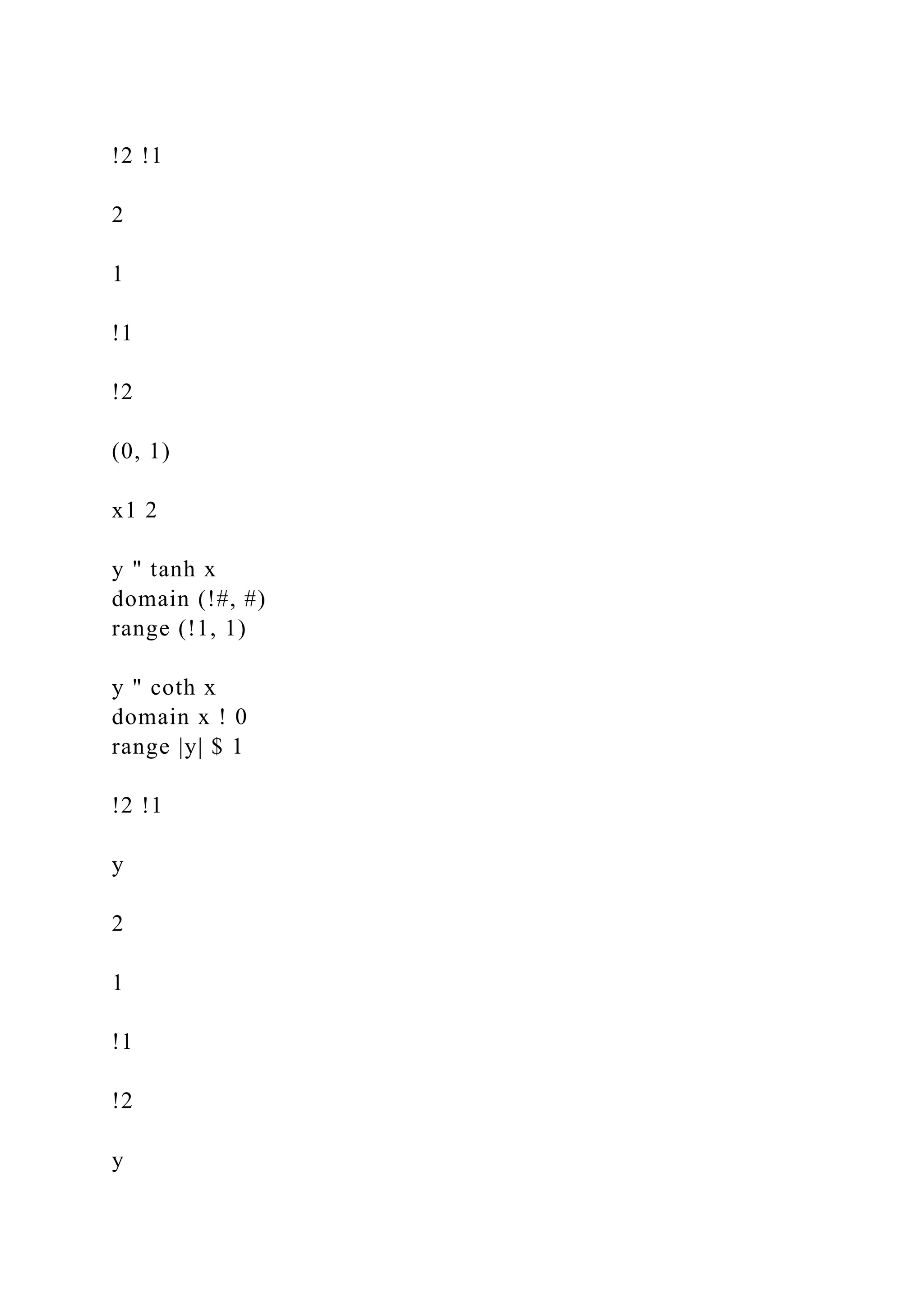 !2 !1
2
1
!1
!2
(0, 1)
x1 2
y " tanh x
domain (!#, #)
range (!1, 1)
y " coth x
domain x ! 0
range |y| $ 1
!2 !1
y
2
1
!1
!2
y
 