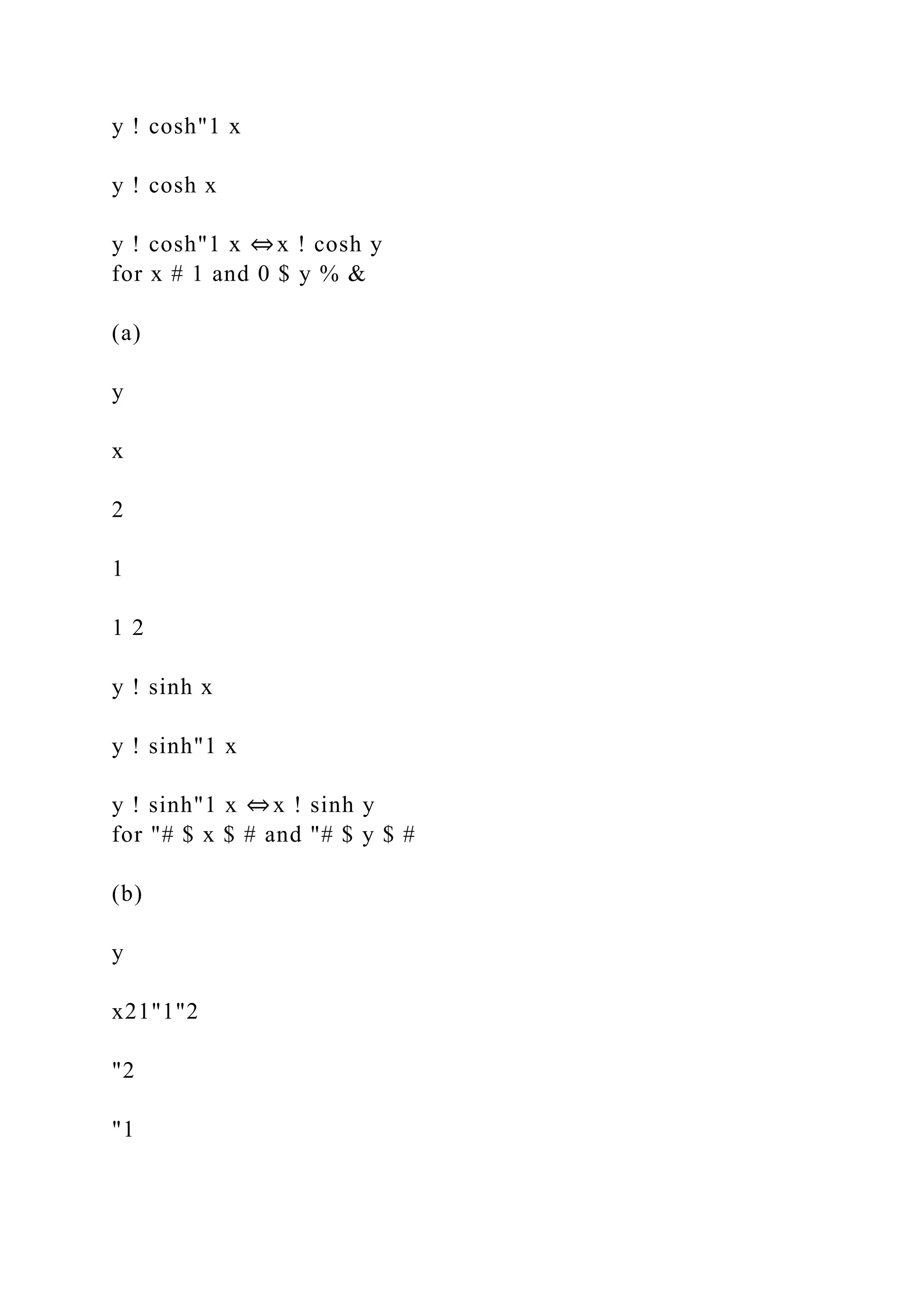 y ! cosh"1 x
y ! cosh x
y ! cosh"1 x ⇔x ! cosh y
for x # 1 and 0 $ y % &
(a)
y
x
2
1
1 2
y ! sinh x
y ! sinh"1 x
y ! sinh"1 x ⇔x ! sinh y
for "# $ x $ # and "# $ y $ #
(b)
y
x21"1"2
"2
"1
 