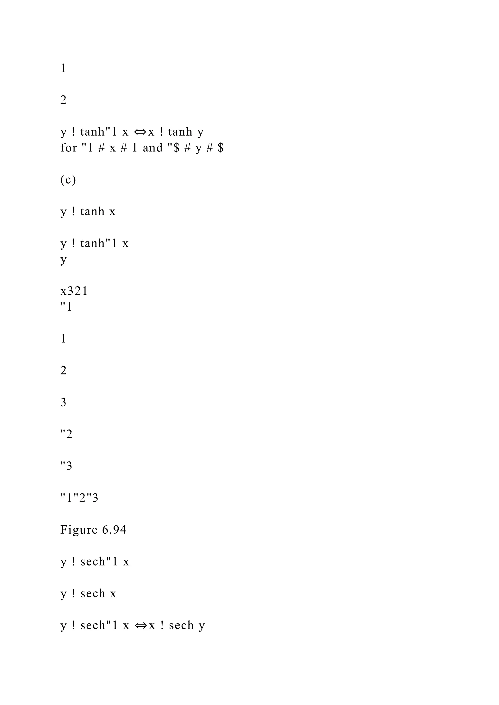 1
2
y ! tanh"1 x ⇔x ! tanh y
for "1 # x # 1 and "$ # y # $
(c)
y ! tanh x
y ! tanh"1 x
y
x321
"1
1
2
3
"2
"3
"1"2"3
Figure 6.94
y ! sech"1 x
y ! sech x
y ! sech"1 x ⇔x ! sech y
 