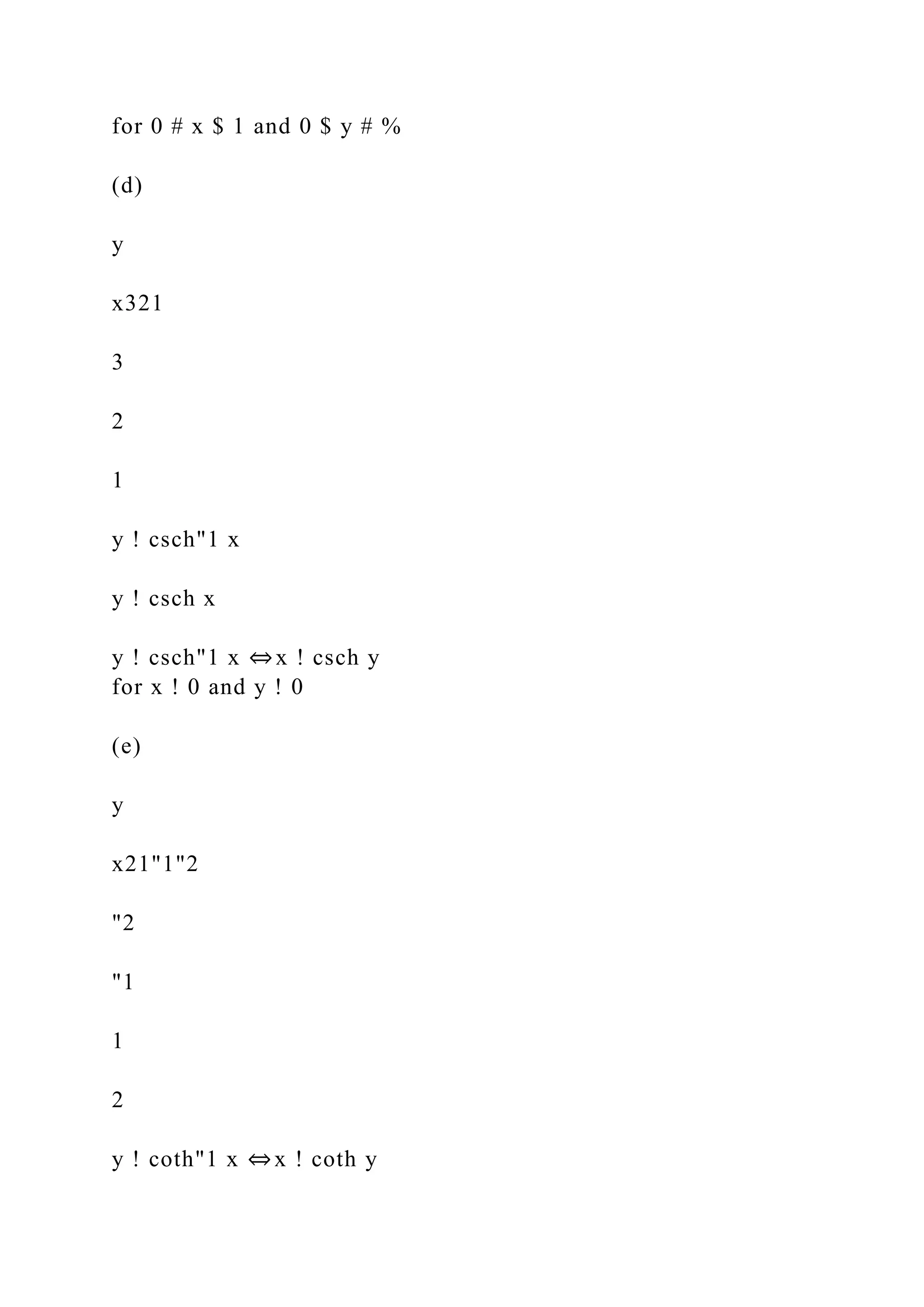 for 0 # x $ 1 and 0 $ y # %
(d)
y
x321
3
2
1
y ! csch"1 x
y ! csch x
y ! csch"1 x ⇔x ! csch y
for x ! 0 and y ! 0
(e)
y
x21"1"2
"2
"1
1
2
y ! coth"1 x ⇔x ! coth y
 