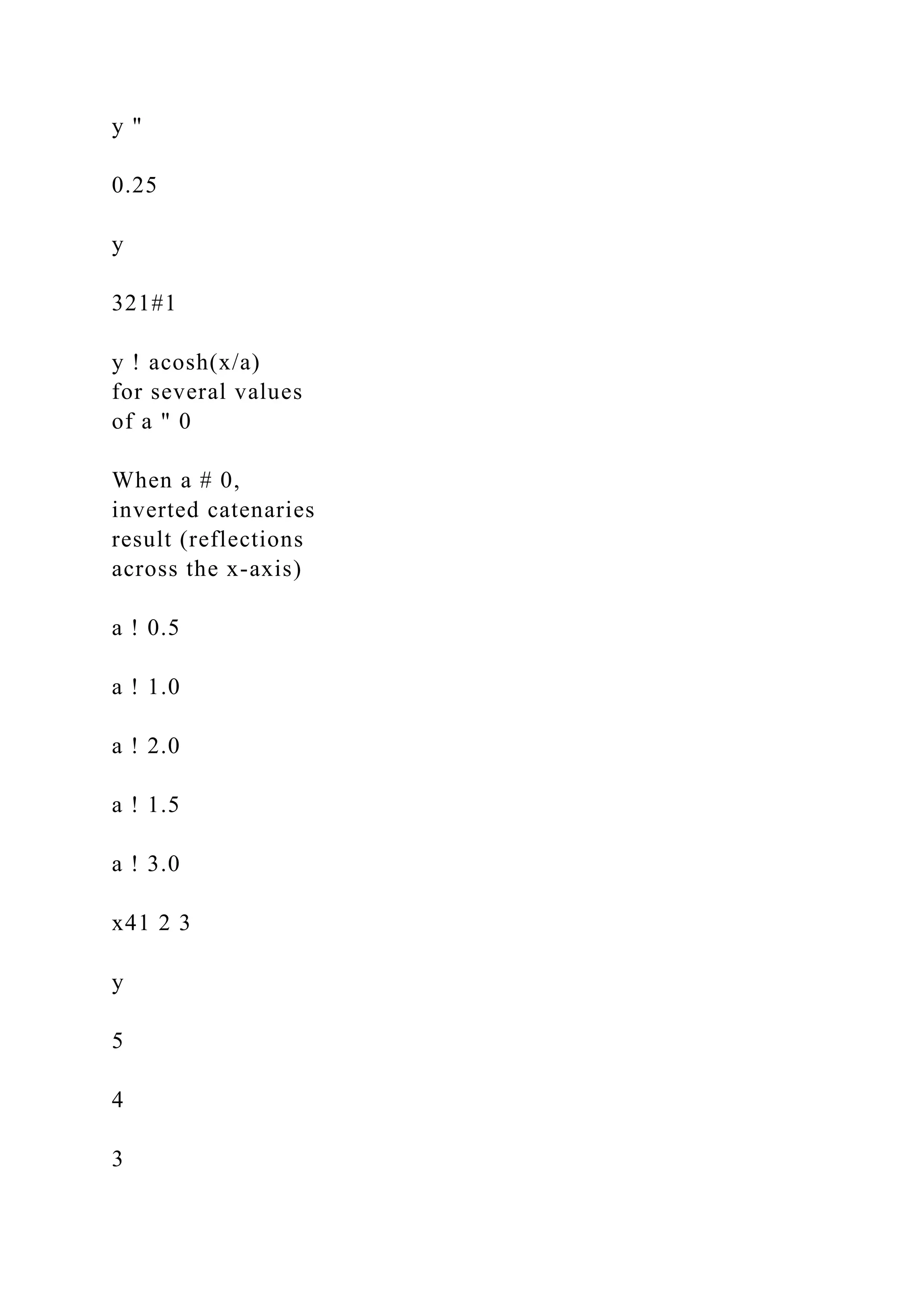 y "
0.25
y
321#1
y ! acosh(x/a)
for several values
of a " 0
When a # 0,
inverted catenaries
result (reflections
across the x-axis)
a ! 0.5
a ! 1.0
a ! 2.0
a ! 1.5
a ! 3.0
x41 2 3
y
5
4
3
 