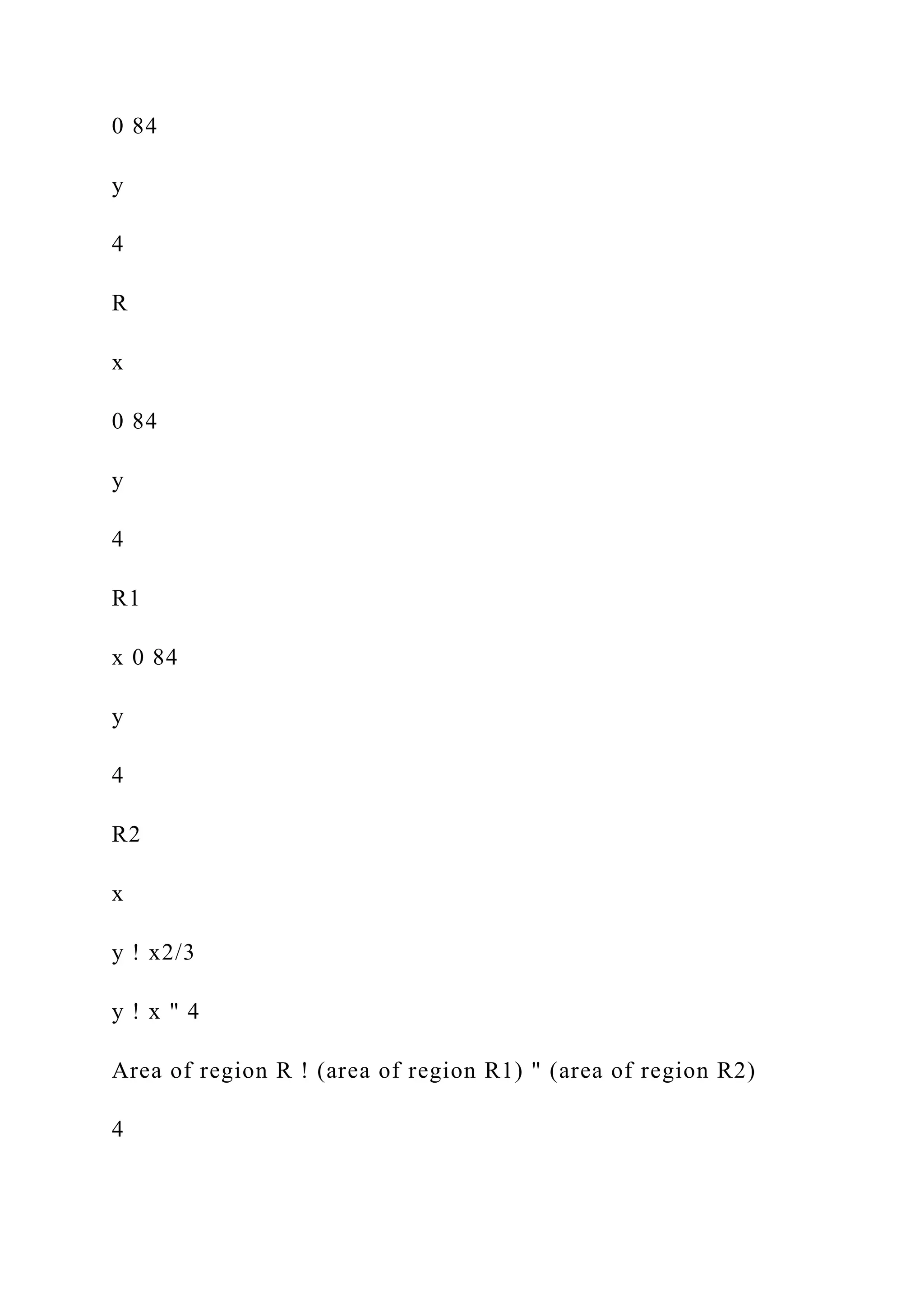 0 84
y
4
R
x
0 84
y
4
R1
x 0 84
y
4
R2
x
y ! x2/3
y ! x " 4
Area of region R ! (area of region R1) " (area of region R2)
4
 