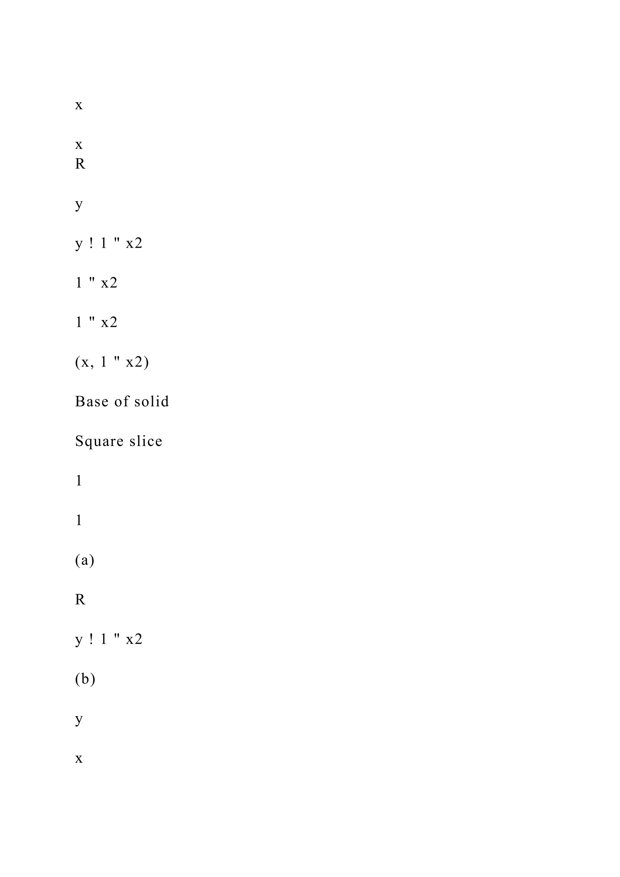 x
x
R
y
y ! 1 " x2
1 " x2
1 " x2
(x, 1 " x2)
Base of solid
Square slice
1
1
(a)
R
y ! 1 " x2
(b)
y
x
 