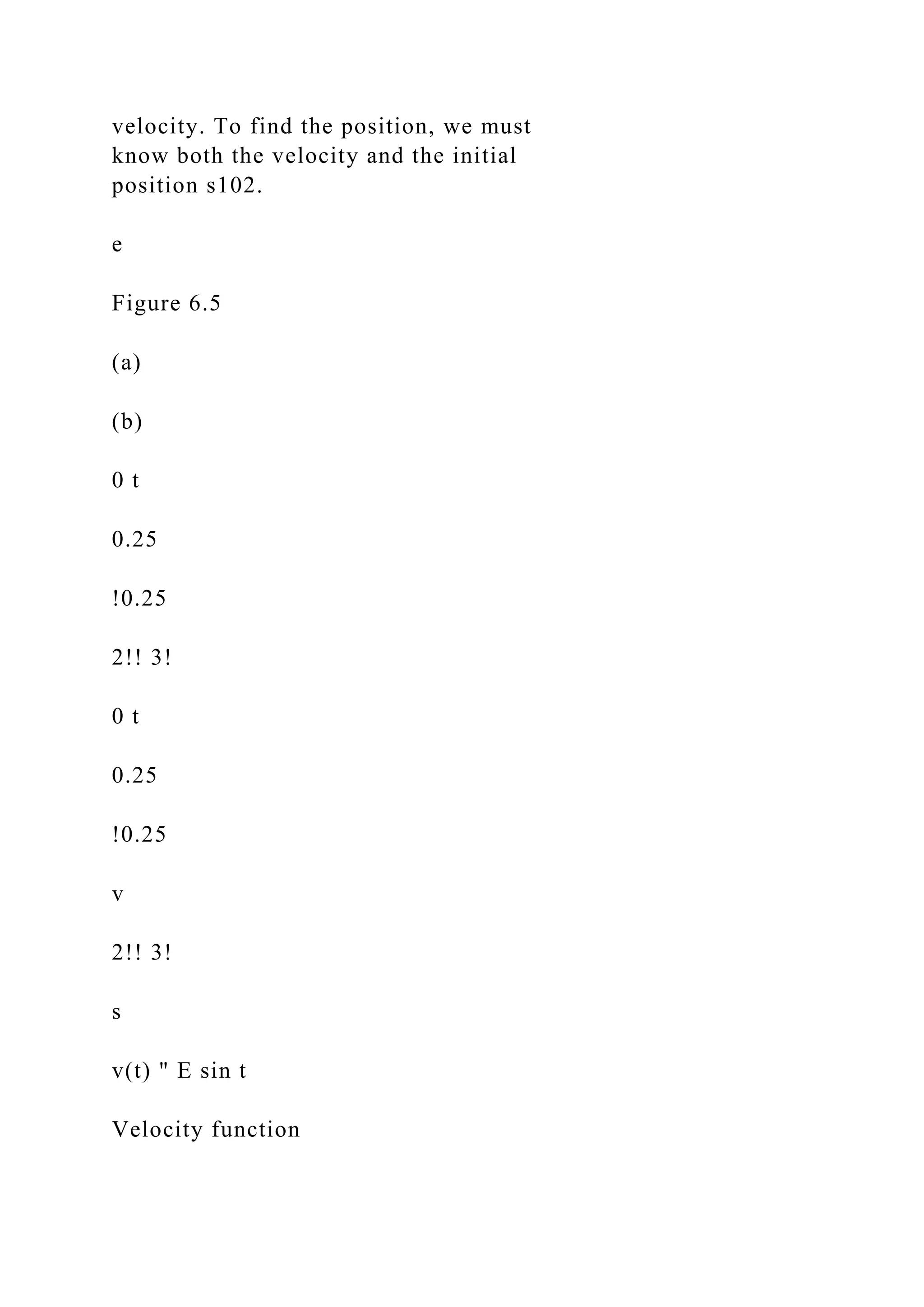 velocity. To find the position, we must
know both the velocity and the initial
position s102.
e
Figure 6.5
(a)
(b)
0 t
0.25
!0.25
2!! 3!
0 t
0.25
!0.25
v
2!! 3!
s
v(t) " E sin t
Velocity function
 
