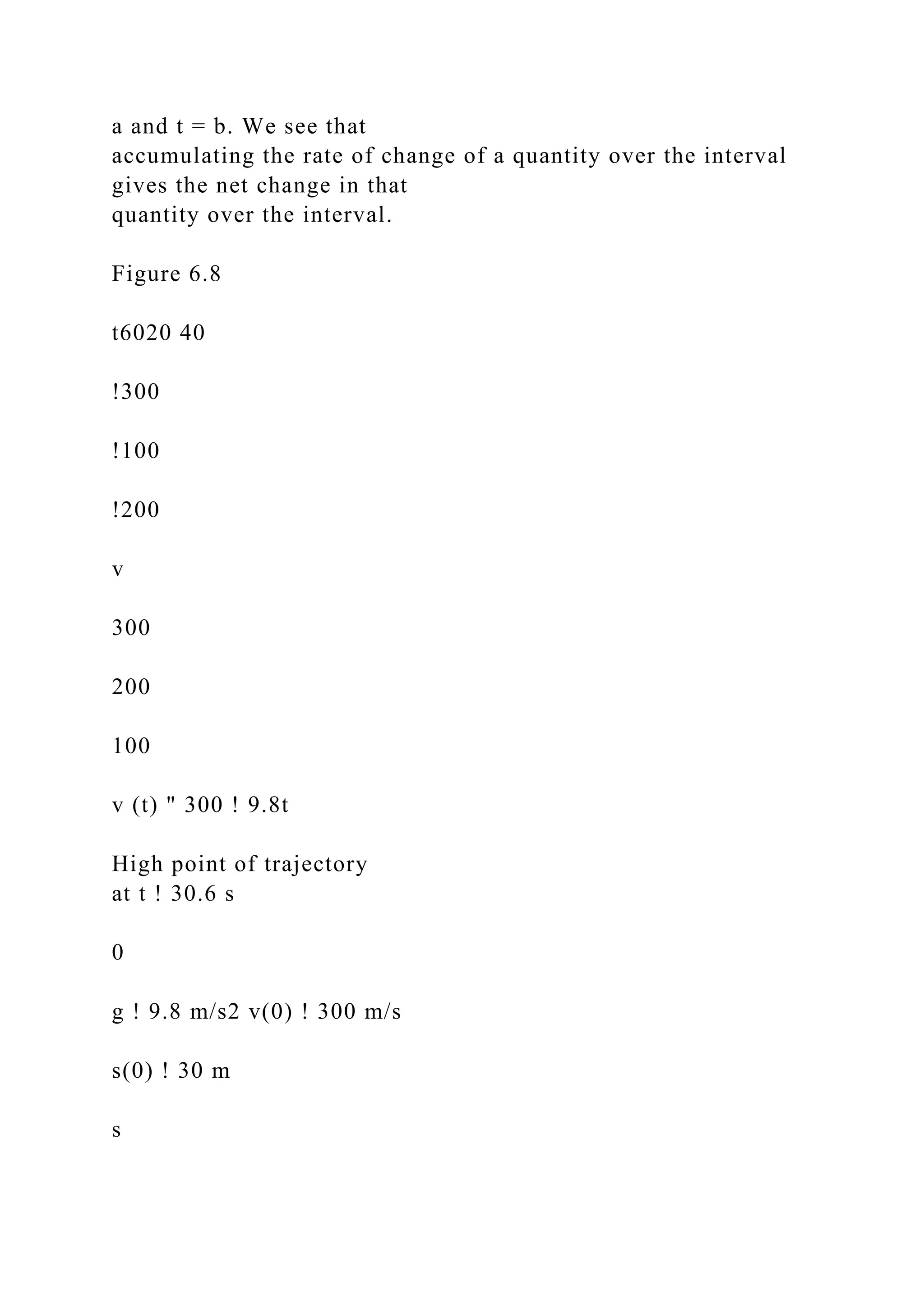 a and t = b. We see that
accumulating the rate of change of a quantity over the interval
gives the net change in that
quantity over the interval.
Figure 6.8
t6020 40
!300
!100
!200
v
300
200
100
v (t) " 300 ! 9.8t
High point of trajectory
at t ! 30.6 s
0
g ! 9.8 m/s2 v(0) ! 300 m/s
s(0) ! 30 m
s
 