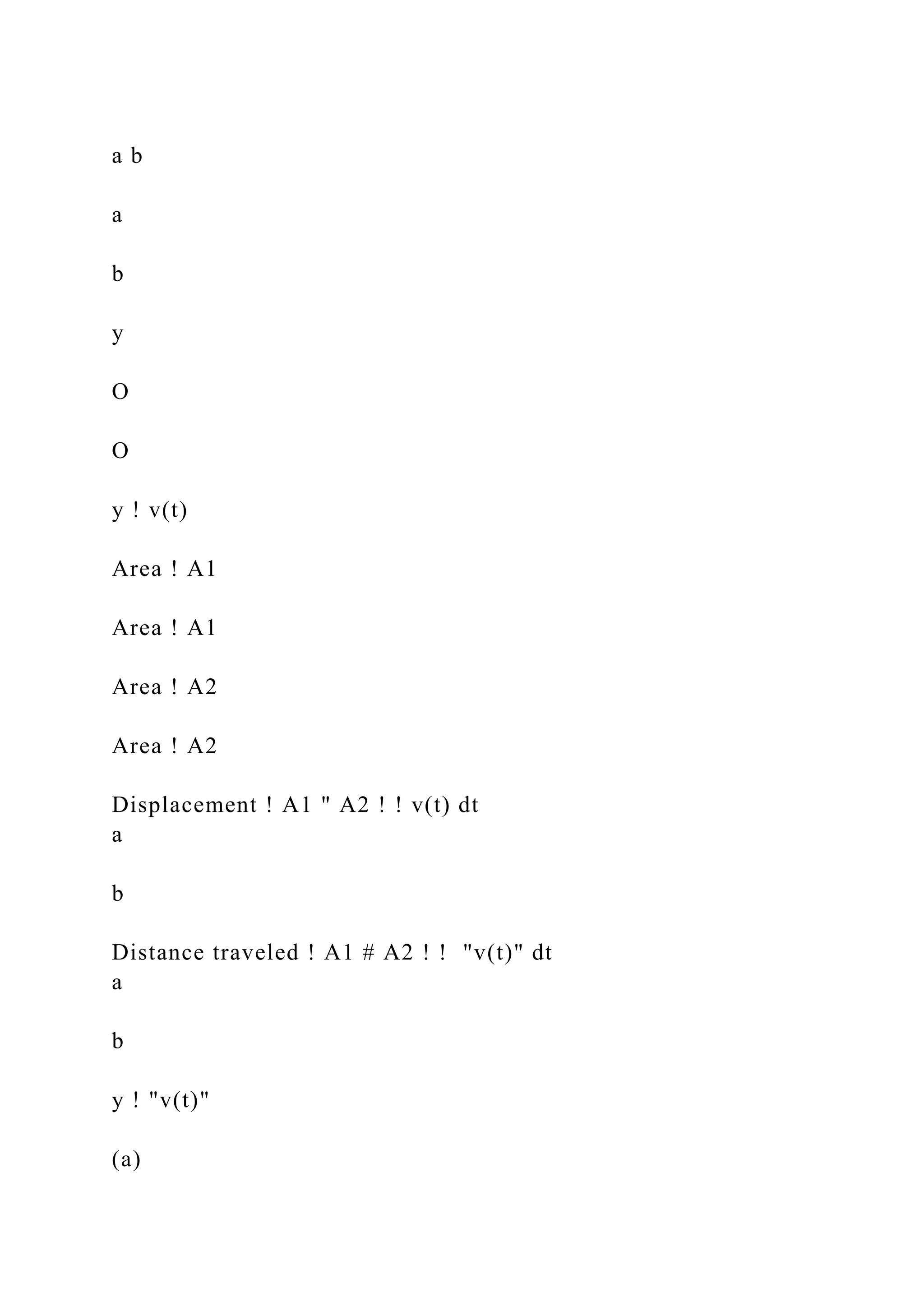 a b
a
b
y
O
O
y ! v(t)
Area ! A1
Area ! A1
Area ! A2
Area ! A2
Displacement ! A1 " A2 ! ! v(t) dt
a
b
Distance traveled ! A1 # A2 ! ! "v(t)" dt
a
b
y ! "v(t)"
(a)
 