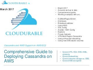 ™
Cassandra and AWS Support on AWS/EC2
Comprehensive Guide to
Deploying Cassandra on
AWS
• Covers VPC, EC2, EBS, AMIs,
concerns
• Covers Networking
• Covers instance storage vs. EBS
• Covers KMS encryption
• March 2017
• Accurate and up to date
• Comprehensive guide
• Working examples with src
• Ec2MultiRegionSnitch
• EC2Snitch
• Broadcast address
• Using KMS
• SSL config
• Ansible / SSH Config
• Bastions
• Private Subnets
• VPN Multi-Region Cassandra
• Using enhanced networking
• Using new EBS elastic volumes
March 2017
 