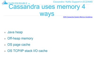 Cassandra / Kafka Support in EC2/AWS
™
Cassandra uses memory 4
ways
❖ Java heap
❖ Off-heap memory
❖ OS page cache
❖ OS TCP/IP stack I/O cache
AWS Cassandra System Memory Guidelines
 