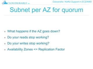 Cassandra / Kafka Support in EC2/AWS
™
Subnet per AZ for quorum
❖ What happens if the AZ goes down?
❖ Do your reads stop working?
❖ Do your writes stop working?
❖ Availability Zones <= Replication Factor
 